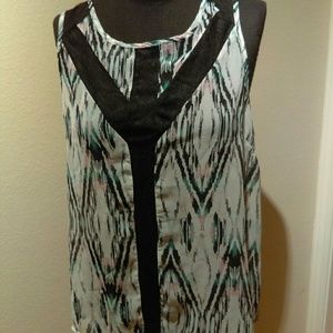 Sheer print tank blouse with black lace cut outs